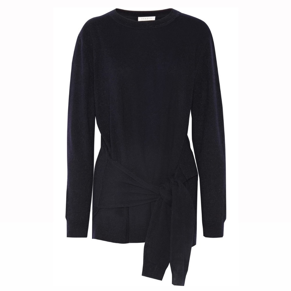 Sandro Sofy Tie-front Wool Cashmere Navy Sweater